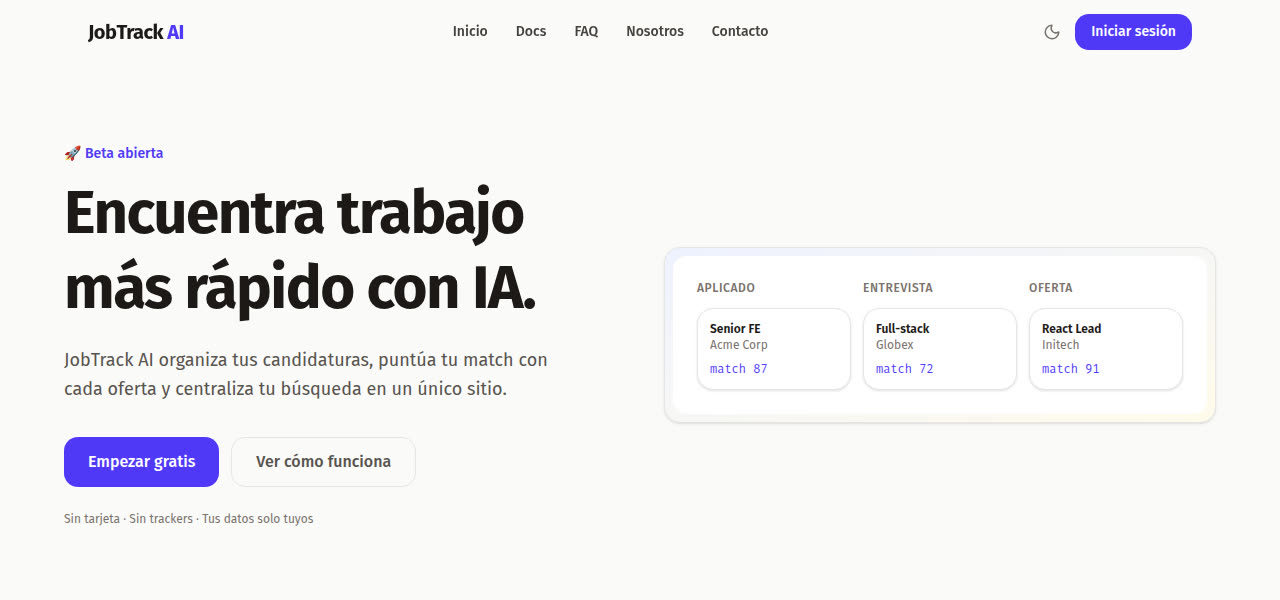 Portada de JobTrack AI con un tablero de candidaturas y puntuación de encaje